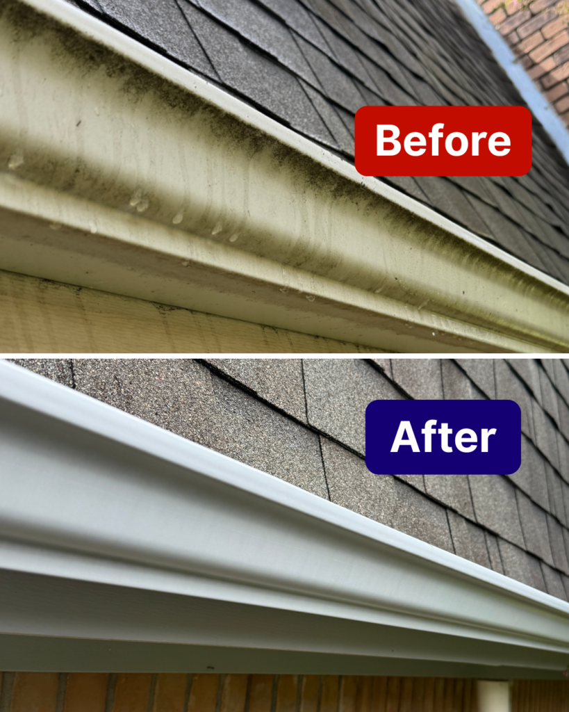 Before and after gutter cleaning, showing algae removal and a cleaner residential gutter in Huntsville, AL.